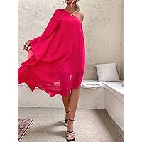 Summer Dresses for Women 2022 One Shoulder Batwing Sleeve Hanky Hem Dress Dresses for Women (Color : Hot Pink, Size : Large)