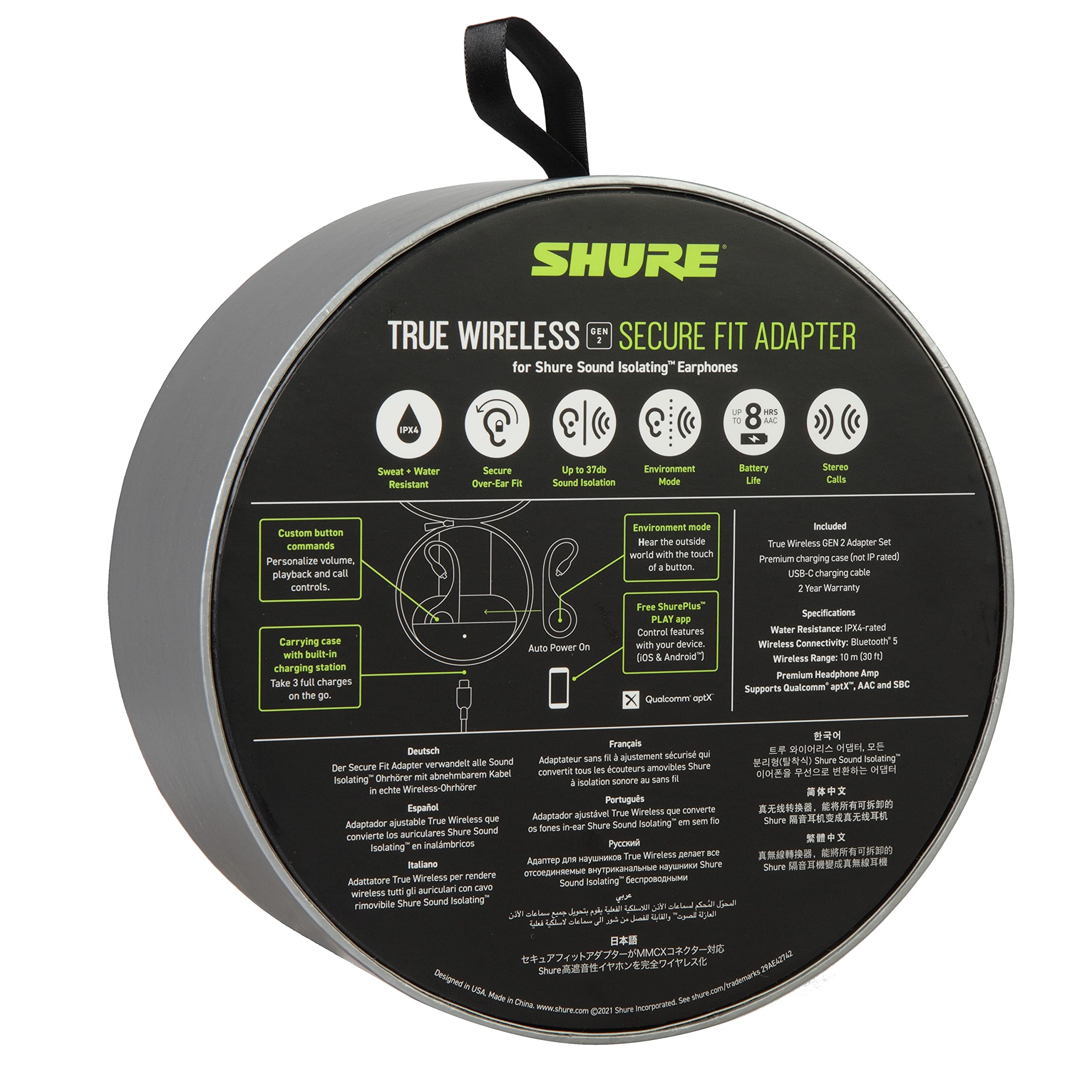 Shure True Wireless Adapter (Gen 2) for Sound Isolating Earphones, Secure Over-Ear Fit, Bluetooth 5 Wireless Technology, Long Battery Life With Charging Case, & Fingertip Controls (RMCE-TW2)