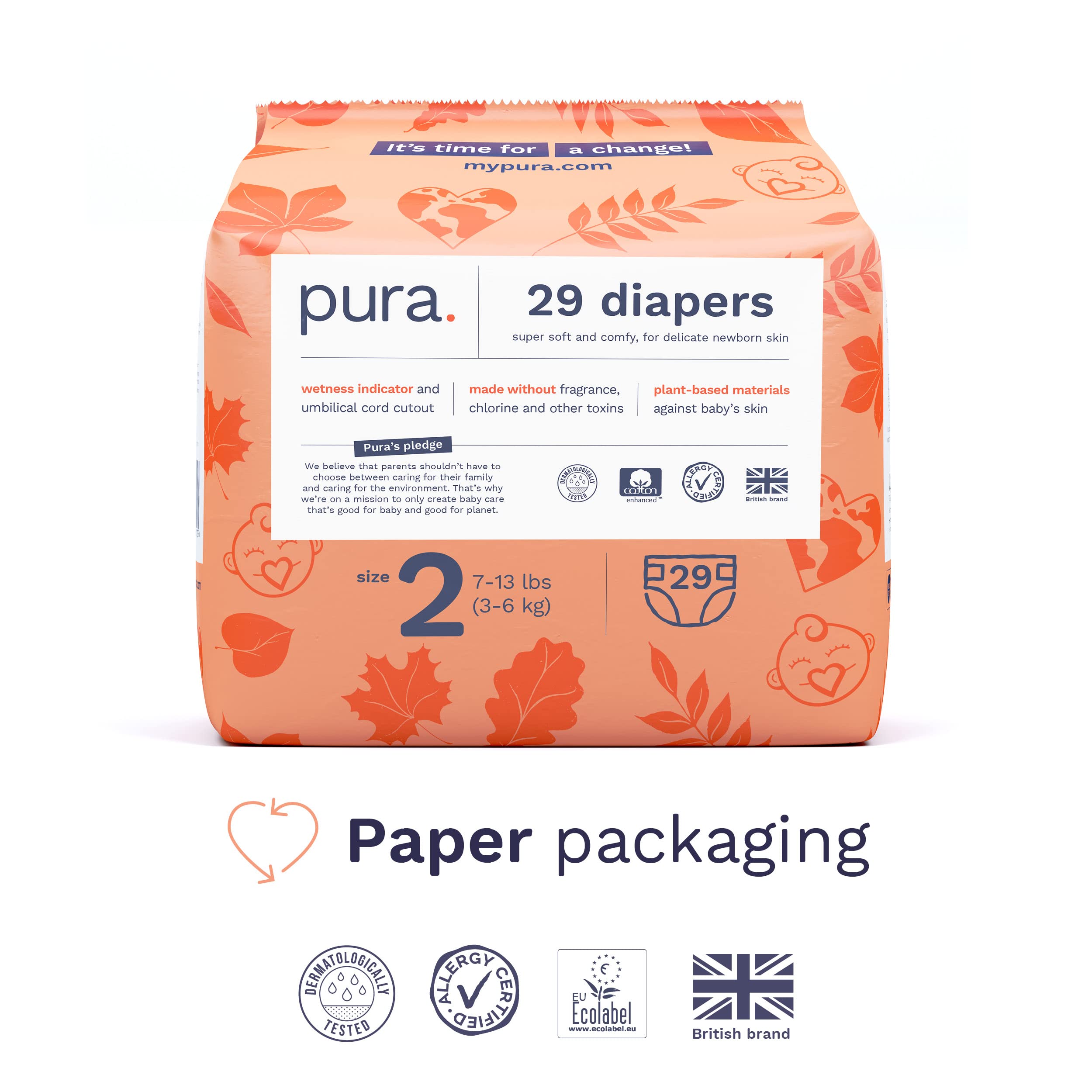 Pura Size 2 Eco-Friendly Diapers, Hypoallergenic, Soft Organic Cotton Comfort, Sustainable, Wetness Indicator, Allergy-Certified, Recyclable Packaging, 174 Count