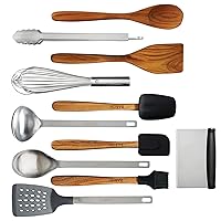 Babish 11 Piece Essential Teak Wood, Silicone, and Stainless Steel Tool Set