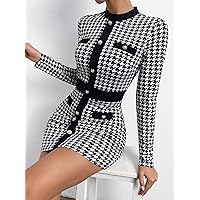 Women's Dress Dresses for Women Houndstooth Print Button Front Bodycon Dress Dresses for Women (Color : Black and White, Size : X-Small)
