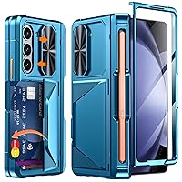 for Galaxy Z Fold 5 Case with S Pen Holder[Fold5 Edition S Pen Holder] & Card Holder, Hinge Protection & Sliding Lens Cover & Built-in Screen Protector Wallet Case for ZFold 5(Lake Blue)