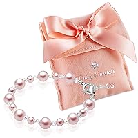 Sterling Silver Charm Bracelets for Girls -Girls Jewelry with Rosaline Simulated Pearls and European Crystals – Birthday gifts, Pearl Bracelet for girls