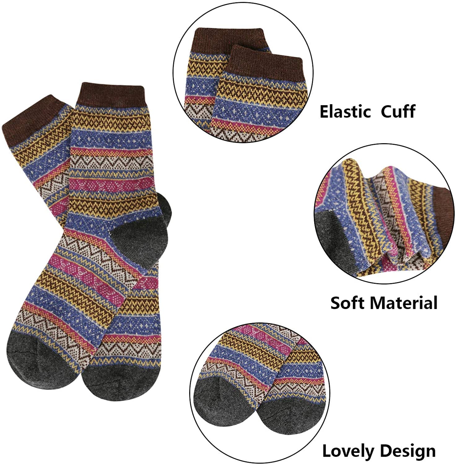 Justay 5 Pairs Womens Wool Socks Vintage Soft Cabin Warm Socks Thick Knit Cozy Winter Socks for Women Gifts