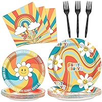 Groovy Party Plates Napkins Retro Tableware Set Hippie Disposable Plates Napkins Retro Daisy Flowers Themed Tableware for Girls Wedding Retro Hippie Birthday Baby Bridal Shower Supplies 24 Guests