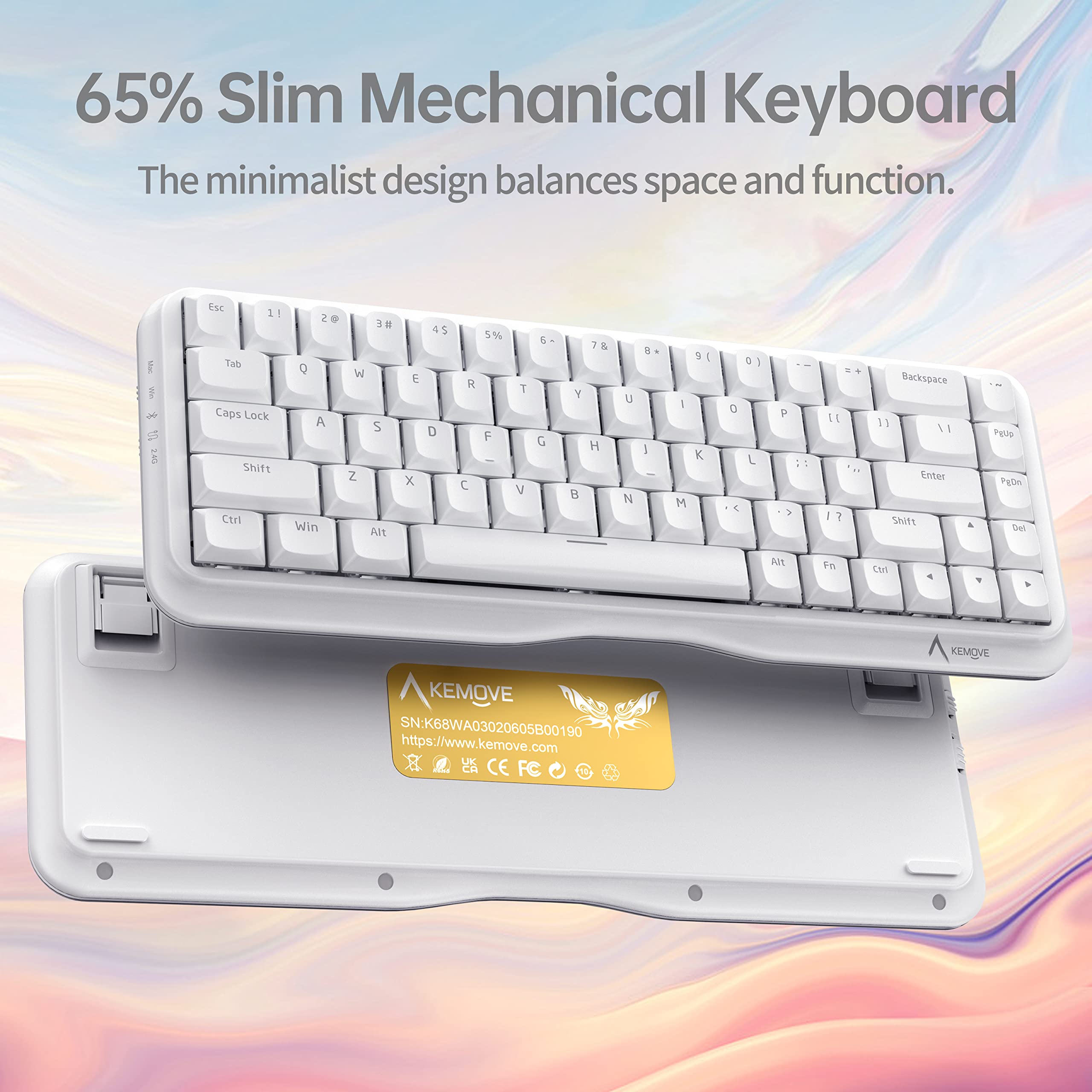 KEMOVE K68 Wireless Mechanical Gaming Keyboard, 2.4Ghz/Bluetooth/Wired Rainbow RGB Backlit Compact 65% Low Profile Keyboard with Hot-Swappable Gateron G Pro Yellow Switch for Mac Windows