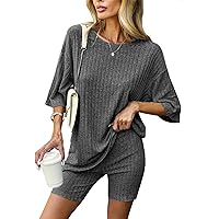 Ekouaer Pajamas 2 Piece Lounge Sets Ribbed Knit Matching Outfits T-shirt Biker Shorts Sleepwear Sweatsuits Regular&Plus
