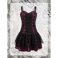 Dresses for Women 2022 Plaid Contrast Mesh Lace Up Front Studded Cami Dress (Color : Multicolor, Size : X-Small)