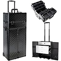 3-in-1 Professional Rolling Makeup Cosmetics Train Organizer Case Heavy Duty Hair & Makeup Artist Travel Case with Extendable Trays Adjustable Dividers Mirror Extra Lid Large Drawers