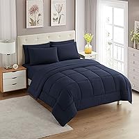 Sweet Home Collection 7 Piece Comforter Set Bag Solid Color All Season Soft Down Alternative Blanket & Luxurious Microfiber Bed Sheets, Navy, Queen