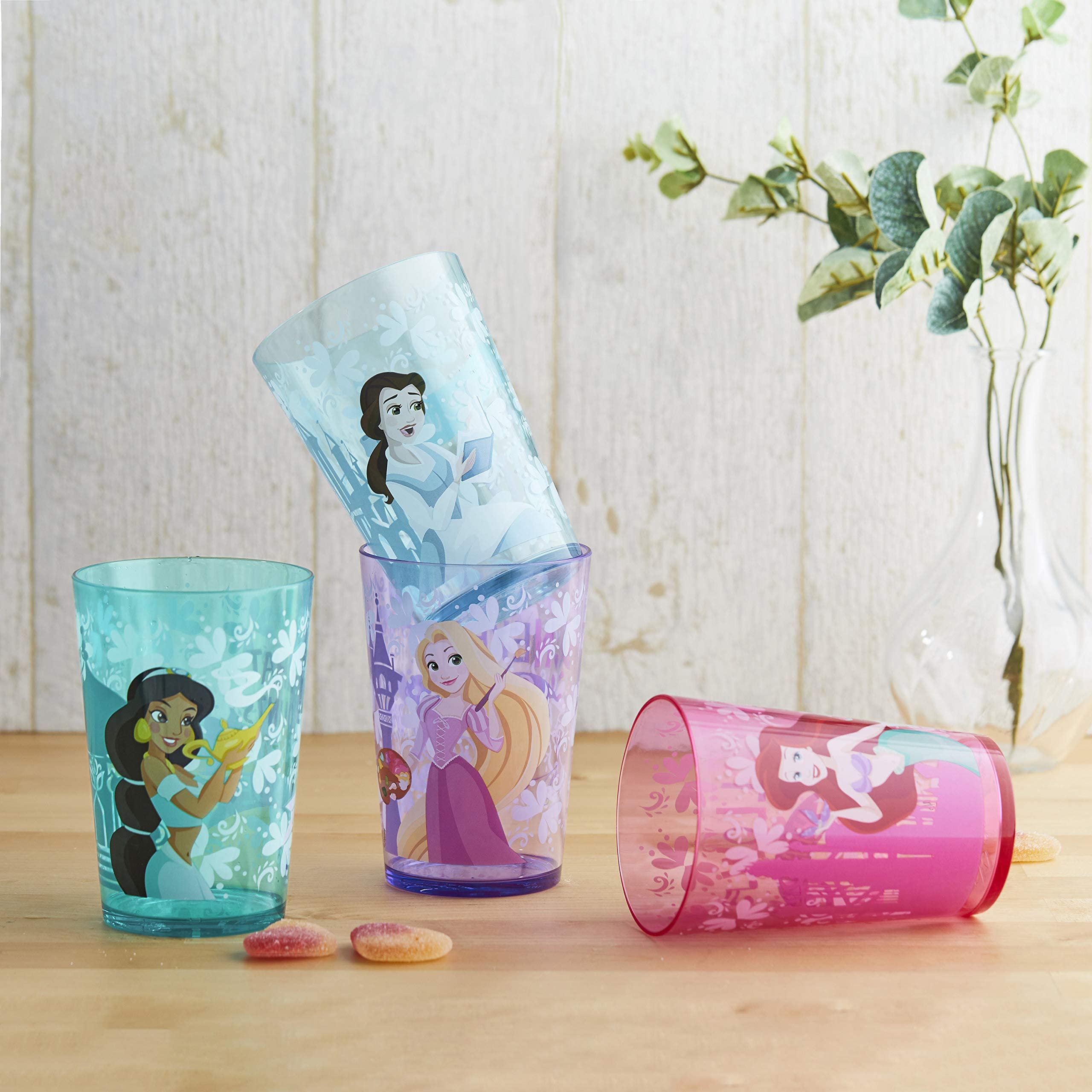 Zak Designs 14.5oz Disney Princess Nesting Tumbler Set Includes Durable Plastic Cups, Fun Drinkware is Perfect for Kids, 4pk ( Belle & Jasmine & Ariel), PYRP-0731