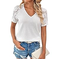Women's Sexy Tops Casual Fashion Hollow Lace V-Neck Short Sleeve Top Casual, S-2XL