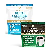 VitaCup Low Acid Organic Perfect Dark Roast Coffee Sticks 24 CT & Keto + Collagen Vanilla Creamer, 10oz Bundle | Infused with Superfoods (Collagen, Coconut Water, MCT, Dairy-Free) for body and brain h