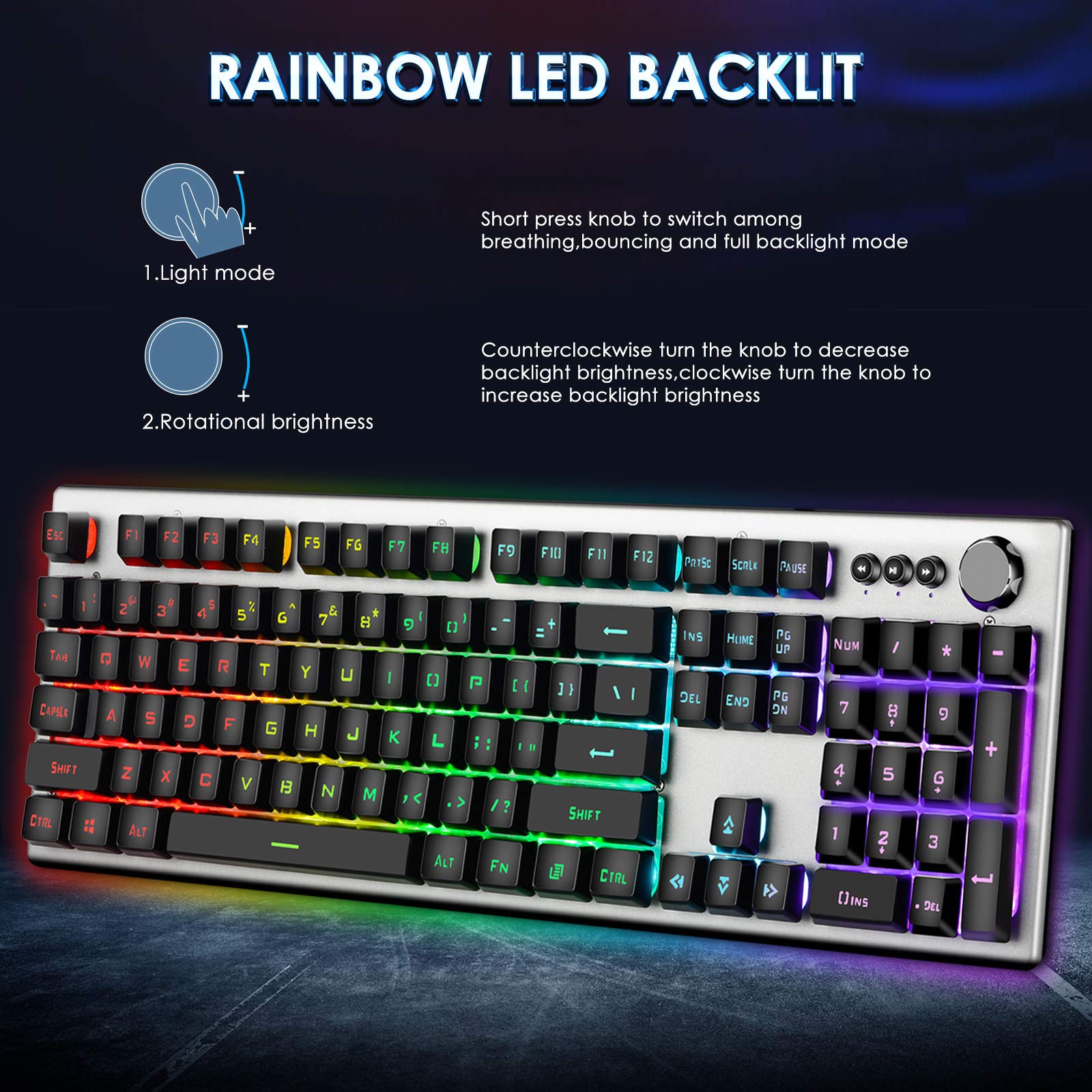Beastron RGB Backlit Gaming Keyboard with Mouse Combo and Mouse pad, Multimedia Keyboard Knob,Mechanical Feel USB Wired Keyboard for Windows PC, Silvery White (10209)