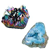 SUNYIK Pack of 2 Rainbow Aura Titanium Coated Crystal Cluster & Natural Rainbow Titanium Coated Quartz Geode