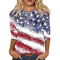 Summer 4th of July Shirts 3/4 Sleeve Tee Shirt Women Crew-Neck Yom Ha'atzmaut Flag Day Tops USA Printed