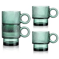 Joeyan Green Glass Coffee Mugs with Handle,Stackable Glass Coffee Cups with Striped Design,Drinking Glasses for Espresso Cappuccino Latte Tea Milk,10 oz,Set of 4,Dishwasher Safe