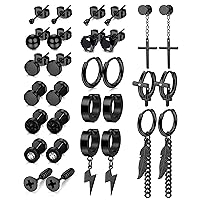 UBGICIG Earrings for Men 15Pairs Black Earrings Stainless Steel Stud Earrings Cross Dangle Hoop Men Earrings Set Fake Gauges Earrings for Women Men Piercing Jewelry Men's Earrings Set