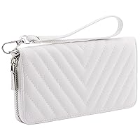 Brentano Vegan Leather Slim Single-Zipper Chevron Embroidered Wallet Clutch with Removable Wrist Strap (WHITE)