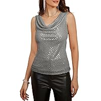 GRACE KARIN Women's Sleeveless Cowl Neck Sequin Tank Tops Sparkly Club Party Shirts Drape Neck Glitter Cocktail Blouses