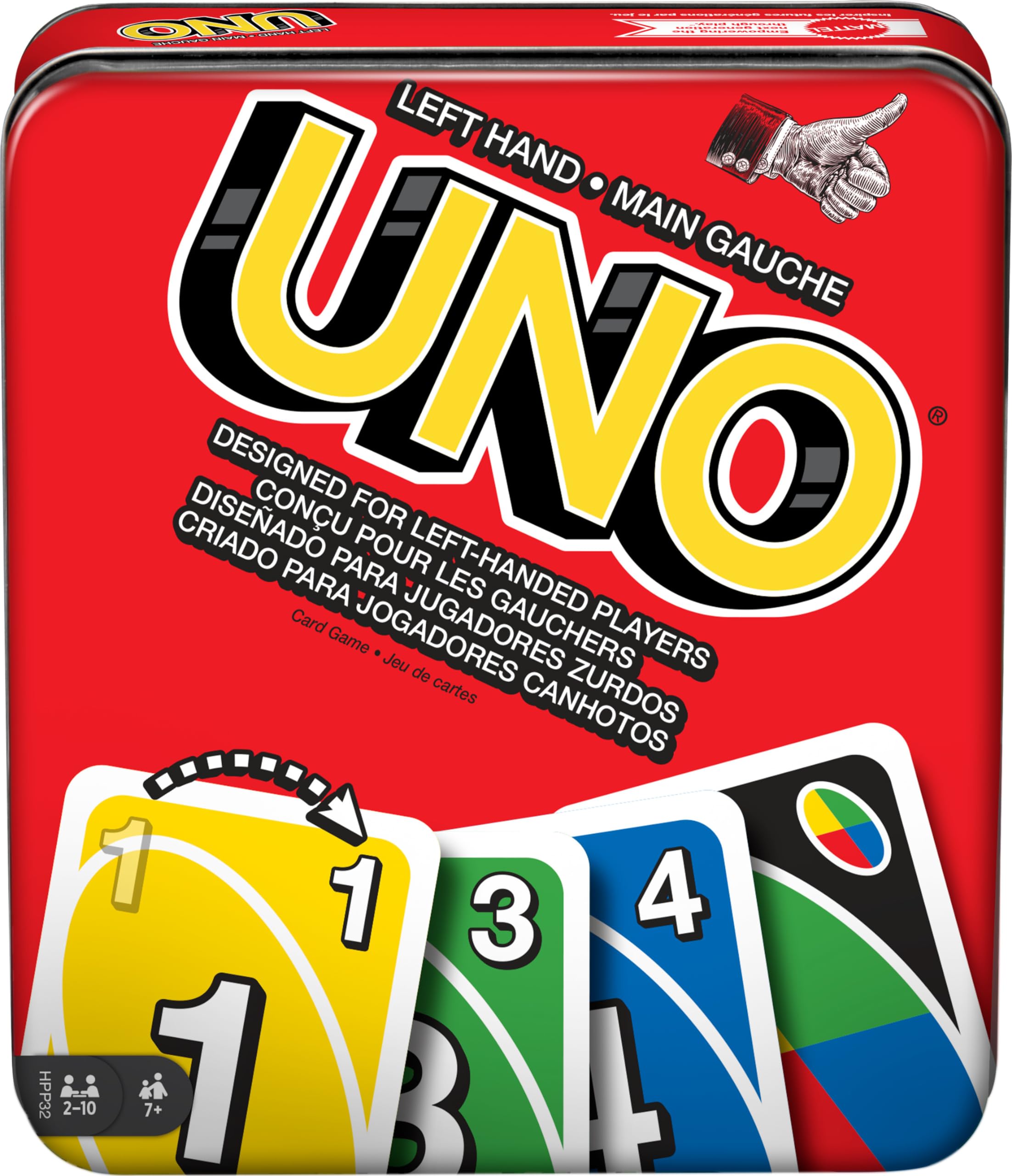 Mattel Games UNO Card Games, Left Hand Mattel Games UNO Game in Storage Tin with 112 Cards and Instructions, Travel Games