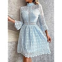 Dresses for Women - Mesh Insert Mock Neck Flounce Sleeve Lace Dress (Color : Baby Blue, Size : X-Small)