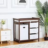 Wooden Baby Changing Table, Diaper Changing Table, Infant Diaper Changing Station Dresser with Laundry Hamper, 3 Drawer Basket and Changing Pad (Brown)