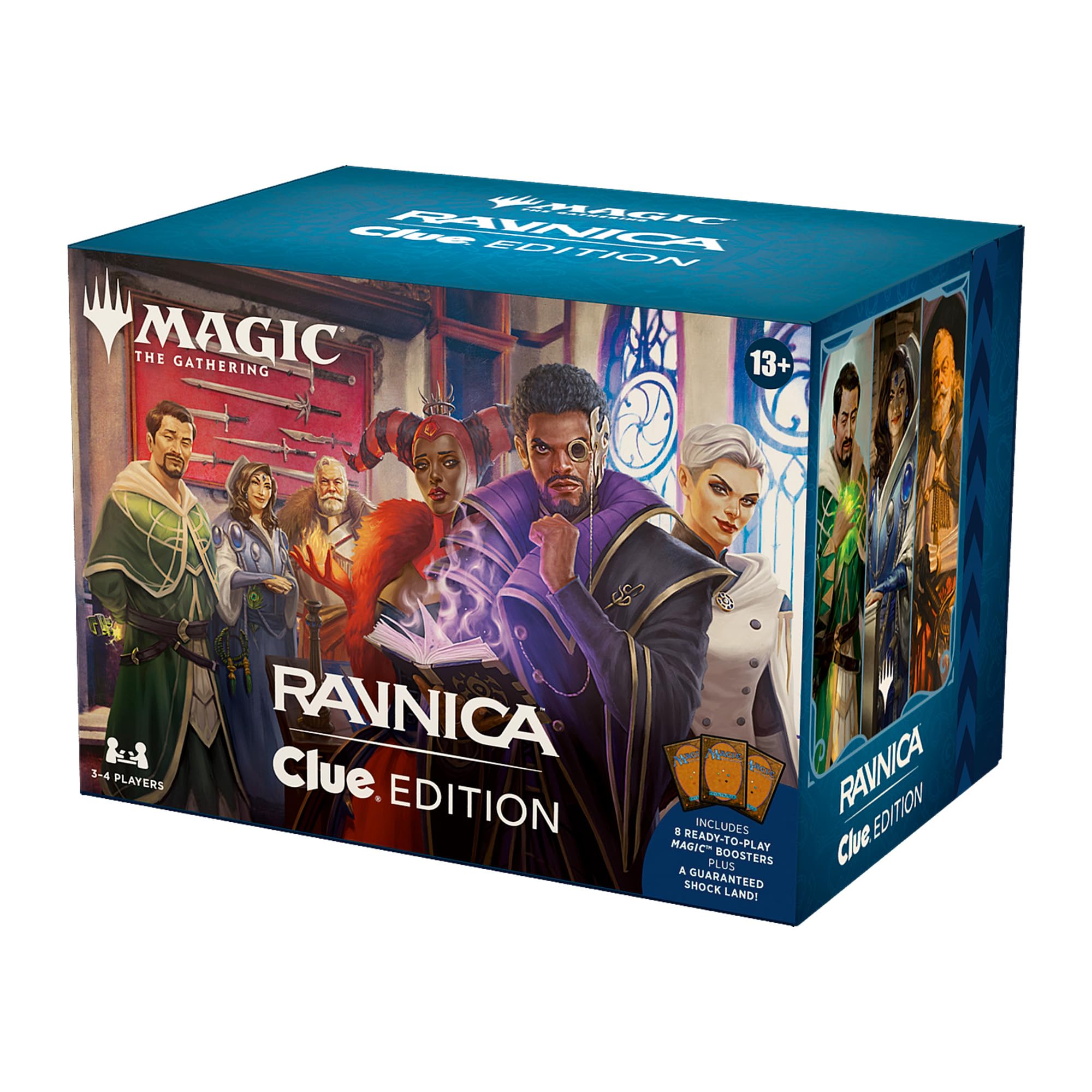 Magic: The Gathering Ravnica: Clue Edition - 3-4 Player Murder Mystery Card Game (Includes 8 Ready-to-Play Boosters, 21 Evidence Cards, 1 Foil Shock Land, and Detective Game Accessories)