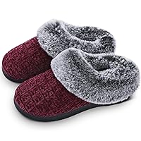 DL Women's House Slippers with Fuzzy Plush Faux Fur Collar, Memory Foam Slip on House Shoes with Indoor Outdoor Anti-Skid Rubber Sole