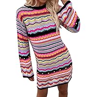 Cotton Summer Dresses for Women 2024 White,Women Sweater Dress Rainbow Striped Long Sleeve Loose Crochet Stripe