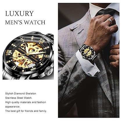 A ALPS Mens Watch Skeleton Luxury Mechanical Stainless Steel Waterproof Black Automatic Self-Winding Roman Numerals Diamond Dial Wrist Watch