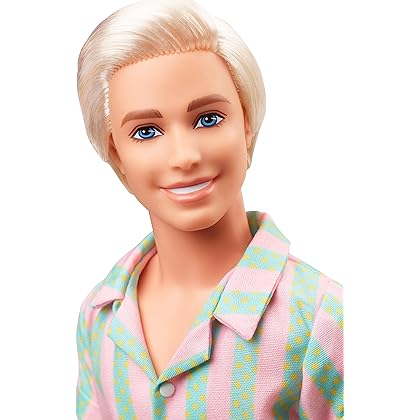 Barbie The Movie Ken Doll Wearing Pastel Pink and Green Striped Beach Matching Set with Surfboard and White Sneakers