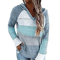 Women's Lightweight Color Block Hooded Sweaters Drawstring Hoodies Pullover Sweatshirts