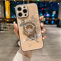 TINTON Compatible with iPhone 15 Pro Max Gold Butterflies Case Bling Diamond Butterfly Clock Design with Ring Stand Case Pearl Luxury Plating Shell Case for Girls Gold