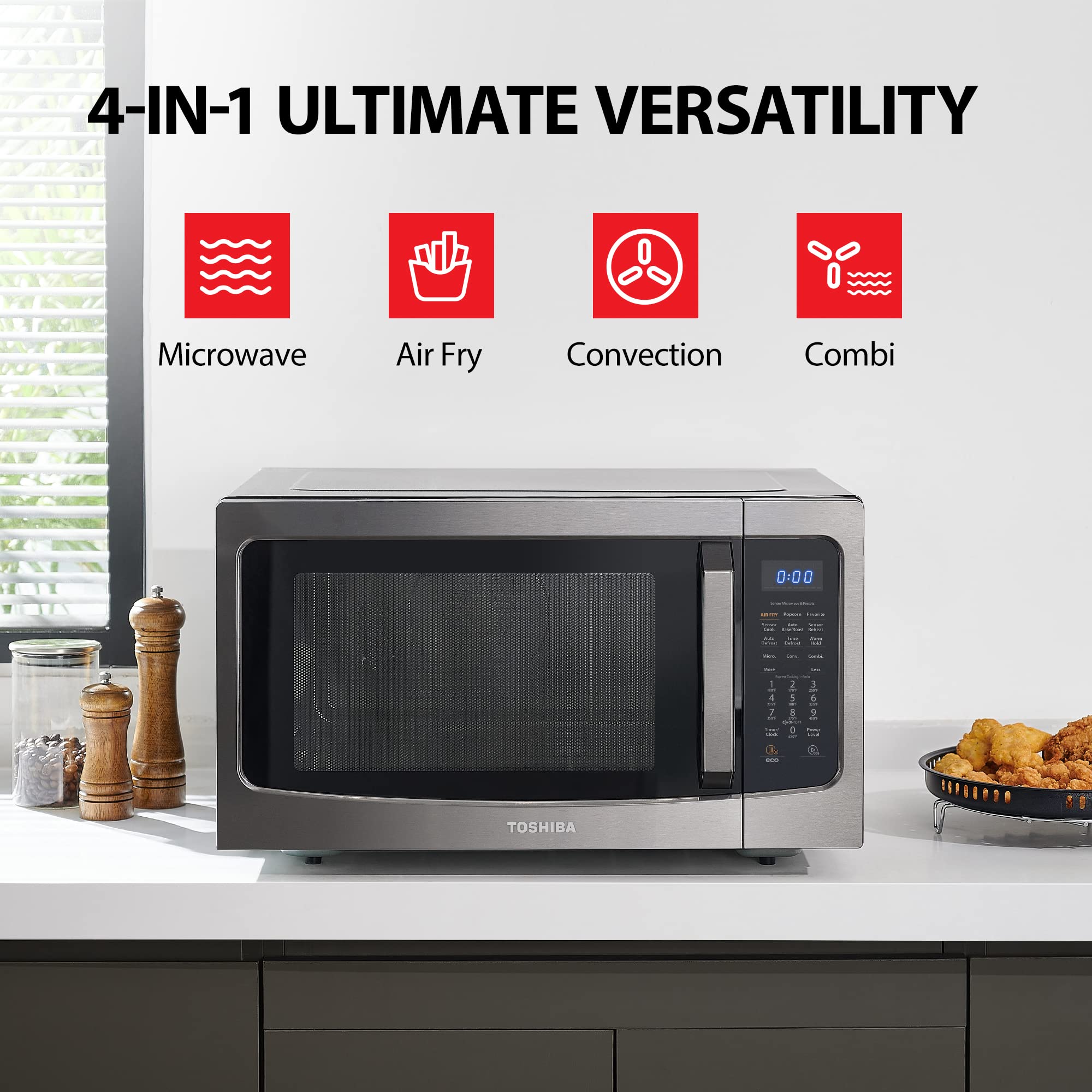 Toshiba 4-in-1 ML-EC42P(BS) Countertop Microwave Oven, Smart Sensor, Convection, Air Fryer Combo, Mute Function, Position Memory 13.6