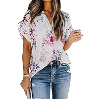 ANCAPELION Women’s Summer Chiffon Blouse Casual Short Sleeve V Neck Shirt Loose Printed Cuffed Sleeve Tunic Tops for Women