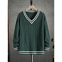 Sweaters for Men - Men Cable Knit Drop Shoulder Cricket Sweater (Color : Dark Green, Size : Large)