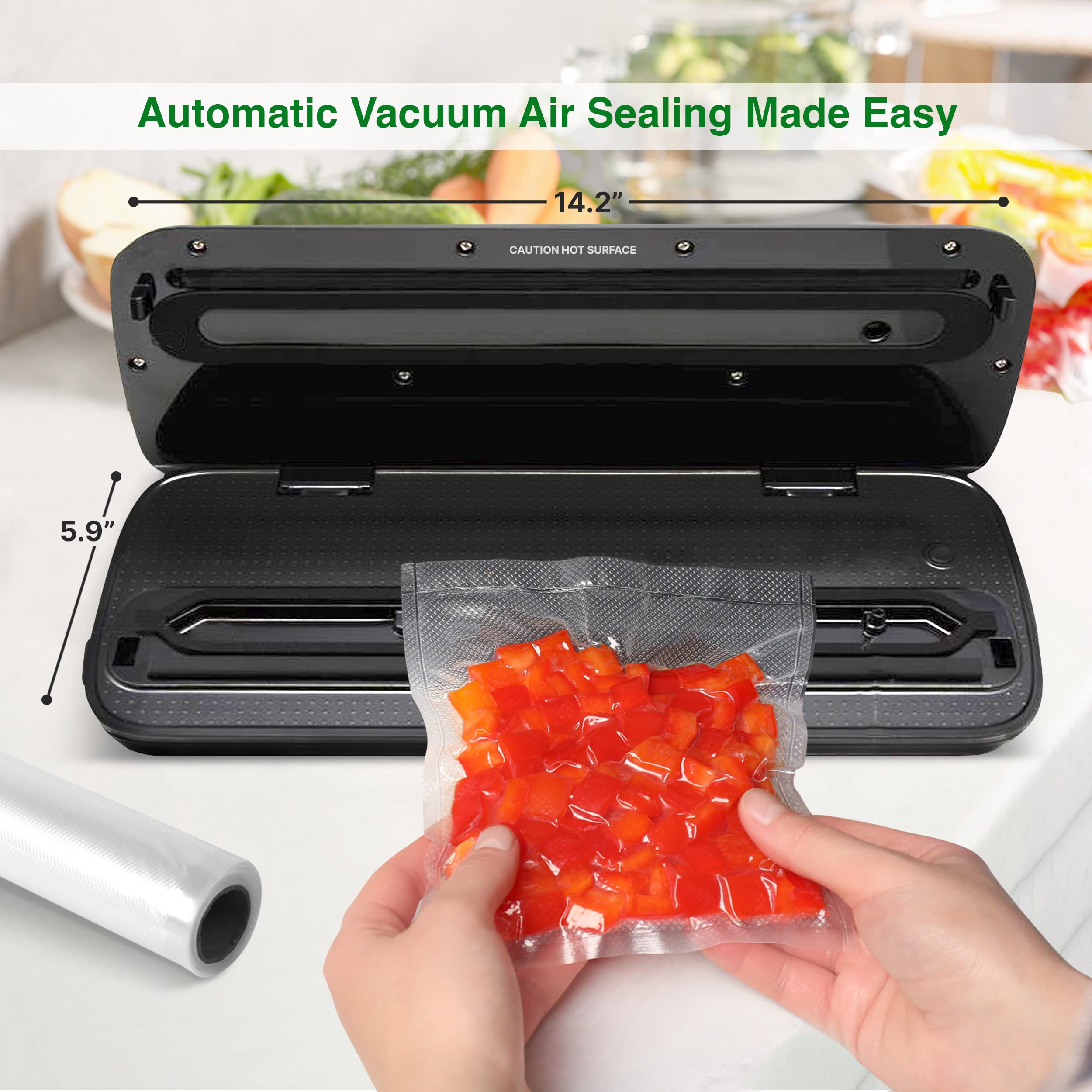 NutriChef PKVS Sealer | Automatic Vacuum Air Sealing System Preservation w/Starter Kit | Compact Design | Lab Tested | Dry & Moist Food Modes | Led Indicator Lights, 12