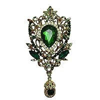 TTjewelry Fashion Gold-Tone Crown Flower Green Crystal Brooch Pendant