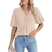 Blooming Jelly Women Dressy Casual Tops Business Work Blouses Summer Shirts Swiss Pot Puff Sleeve V Neck Outfits 2024(L, Apricot01)