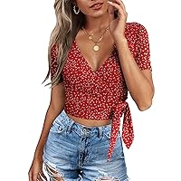 Crop Tops for Women Summer Cute Tops with Deep V Neck Shirts Sexy Unique Cross Wrap Slim Fit Tie Up Front Short Sleeve