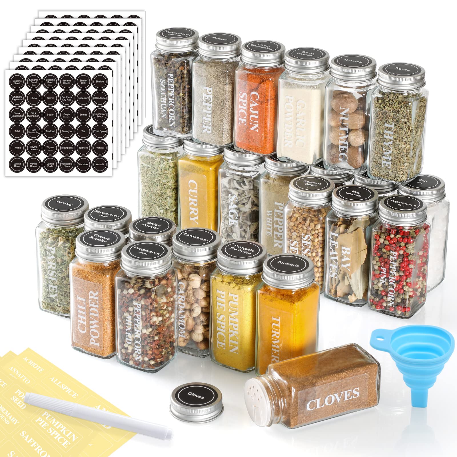 AOZITA 36 Pcs Glass Spice Jars with Spice Labels - 4oz Empty Square Spice Bottles - Shaker Lids and Airtight Metal Caps - Chalk Marker and Silicone Collapsible Funnel Included