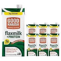 Good Karma Unsweetened Flaxmilk +Protein, 32 Ounce (Pack of 6), 5g Plant Protein + 1200mg Omega-3 Per Serving, Plant-Based Non-Dairy Milk Alternative, Lactose Free, Nut Free, Vegan, Shelf Stable