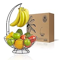 Fruit Basket for Kitchen Regal Trunk & Co., 16.5 Rustic French Farmhouse Black Fruit Bowl with Removable Banana Holder Basket, Ideal to Store your Fruit & Vegetable, Medium Size, Birthday Gift