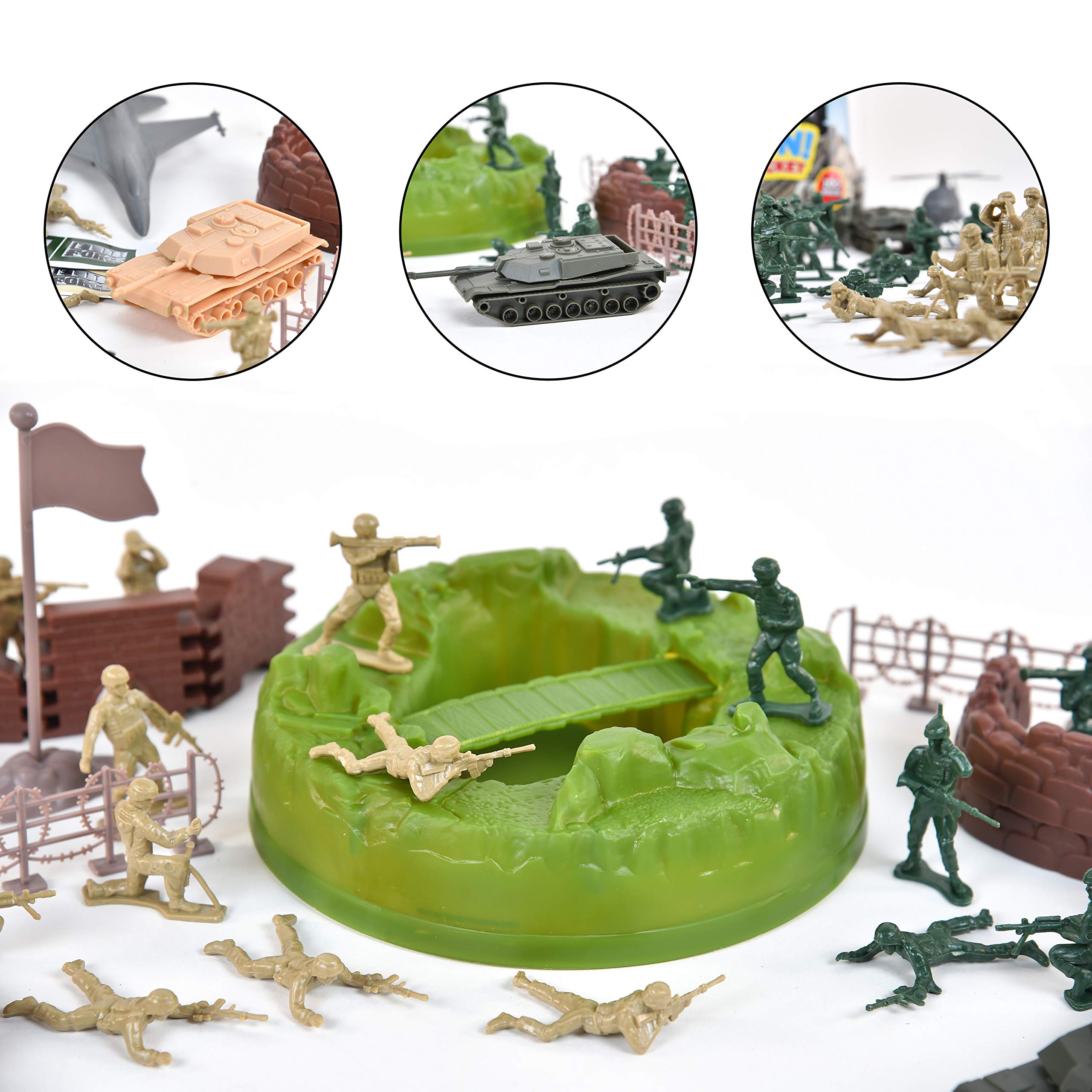 Sunny Days Entertainment Military Battle Group Bucket – 100 Assorted Soldiers and Accessories Toy Play Set for Kids, Boys and Girls | Plastic Army Men Figures with Storage Container