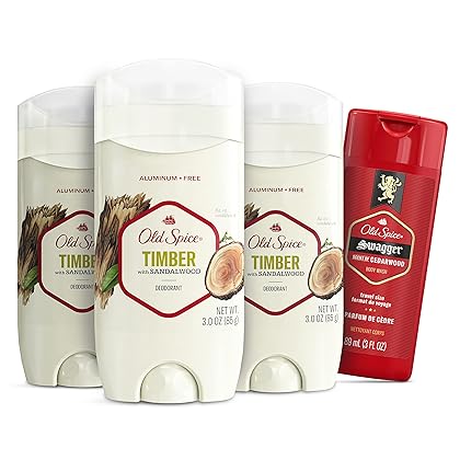Old Spice Men's Deodorant Aluminum-Free Timber with Sandalwood, 3.0oz Pack of 3 with Travel-Size Swagger Body Wash