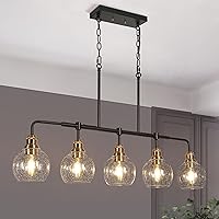 Gold Chandelier for Dining Room, Modern 5-Light Kitchen Island Lighting with Seeded Glass, Mid-Century Linear Chandeliers for Kitchen Island, Living Room