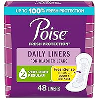 Poise Daily Liners, Incontinence Panty Liners, 2 Drop Very Light Absorbency, Regular Length, 48 Count of Pantiliners, Packaging May Vary