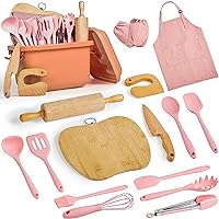 Pulcher Kids Cooking & Baking Sets Real Little Chef Cooking Utensils Kitchen Set Gifts for Girls Boys Juniors with Utensils Cutting Board Kids Safe Knife Rolling Pin Apron Storage Box (Orange Pink)