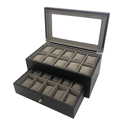 Tech Swiss Watch Box for 20 Watches XL Extra Large Compartments Fits 65mm Soft Cushions (Black)